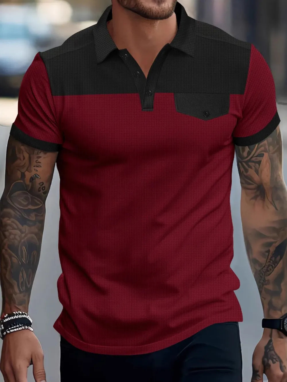Burgundy and black colorblock waffle knit polo shirt with pocket detail