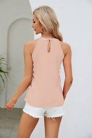 Sequin halterneck keyhole top in tan with lace trim and side detail.