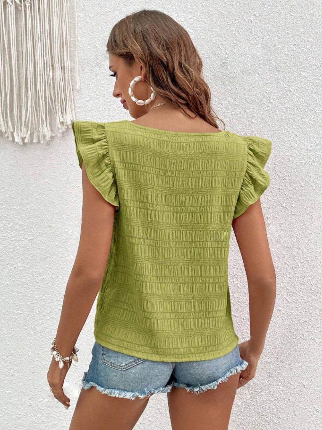 Textured ruffle sleeve square neck blouse in Yellow-Green.