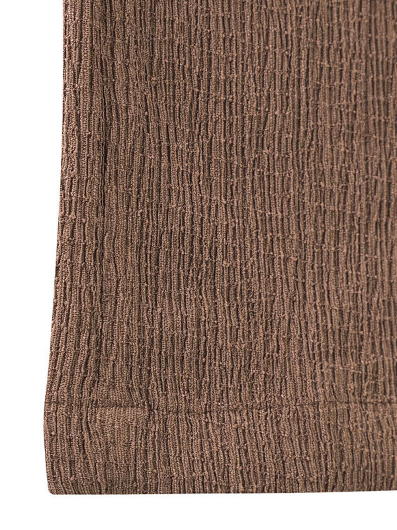 Brown crinkled wide-leg pants with drawstring detail and textured fabric.
