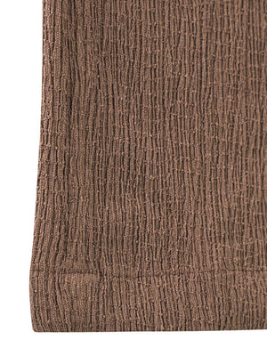 Brown crinkled wide-leg pants with drawstring detail and textured fabric.