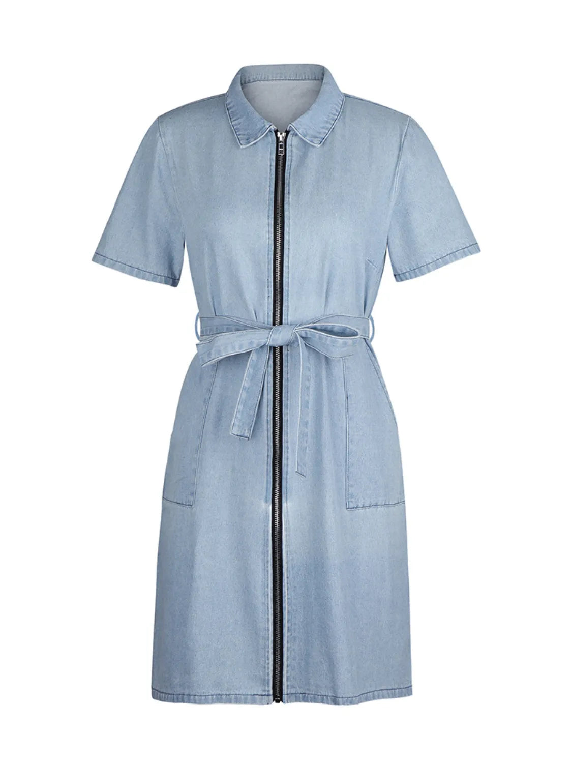 Belted denim shirtdress in light blue with short sleeves and a zip front.