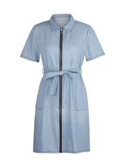 Belted denim shirtdress in light blue with short sleeves and a zip front.