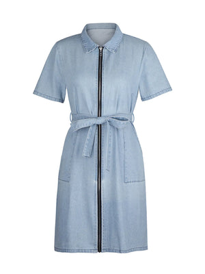 Belted denim shirtdress in light blue with short sleeves and a zip front.