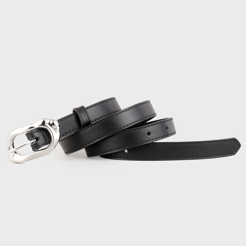 Black cowhide leather belt with unique silver buckle