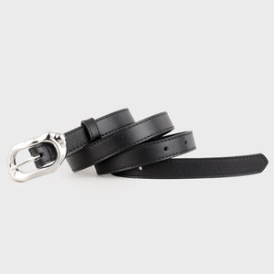 Black cowhide leather belt with unique silver buckle