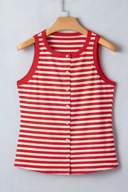 Red and cream striped ribbed knit tank top with button detail