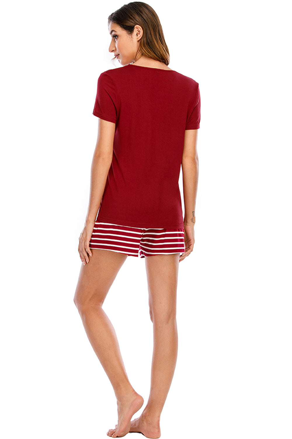 Scarlet graphic tee and white striped shorts pajama set