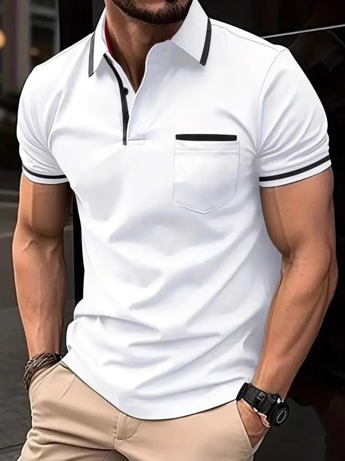 White short sleeve polo with black contrast trim on collar, pocket, and sleeves.