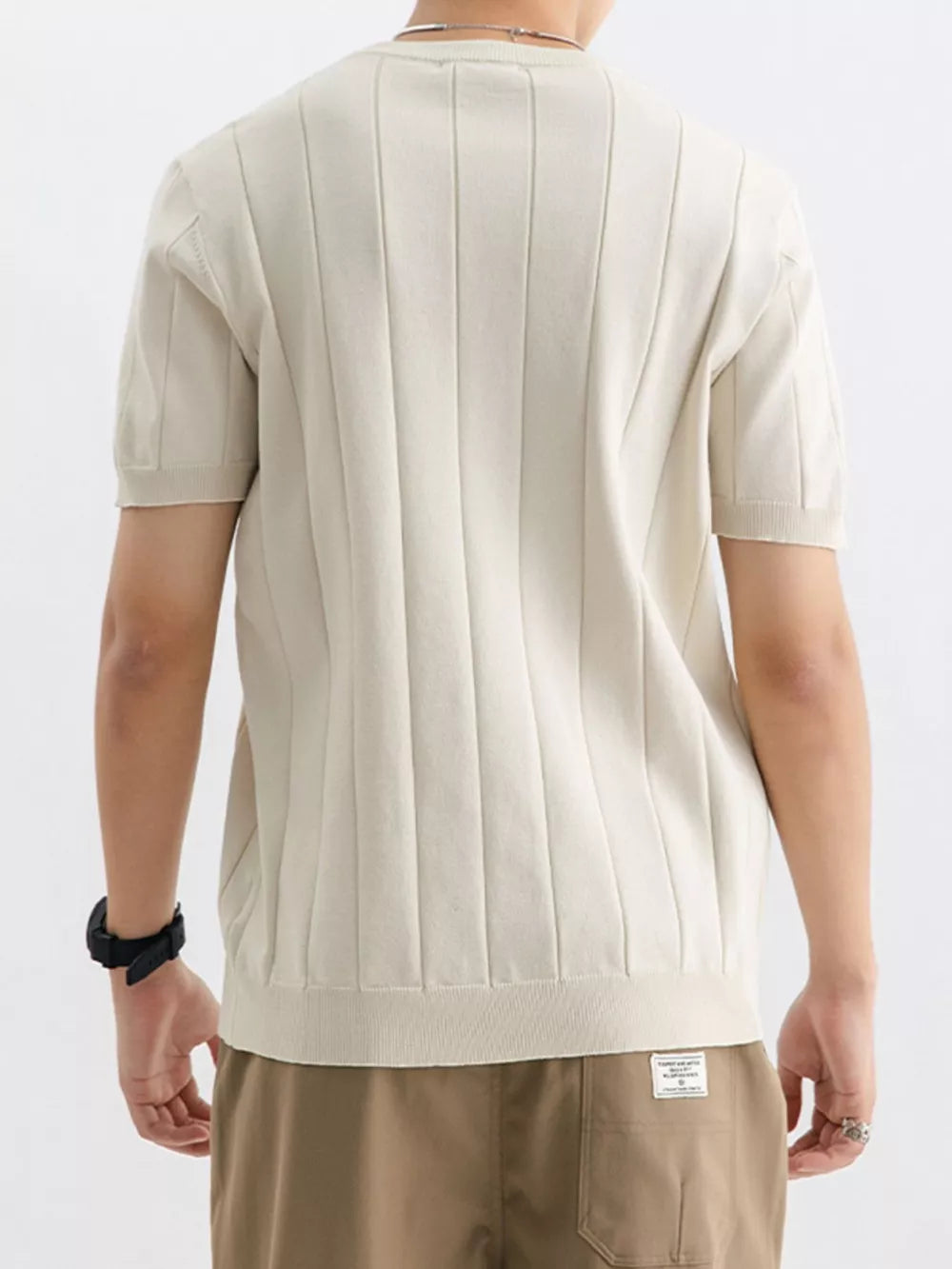Men's Apricot ribbed crew neck tee, short sleeves, lightweight cotton blend.