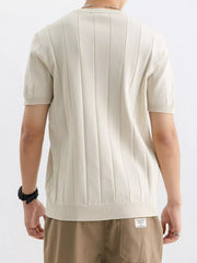 Men's Apricot ribbed crew neck tee, short sleeves, lightweight cotton blend.
