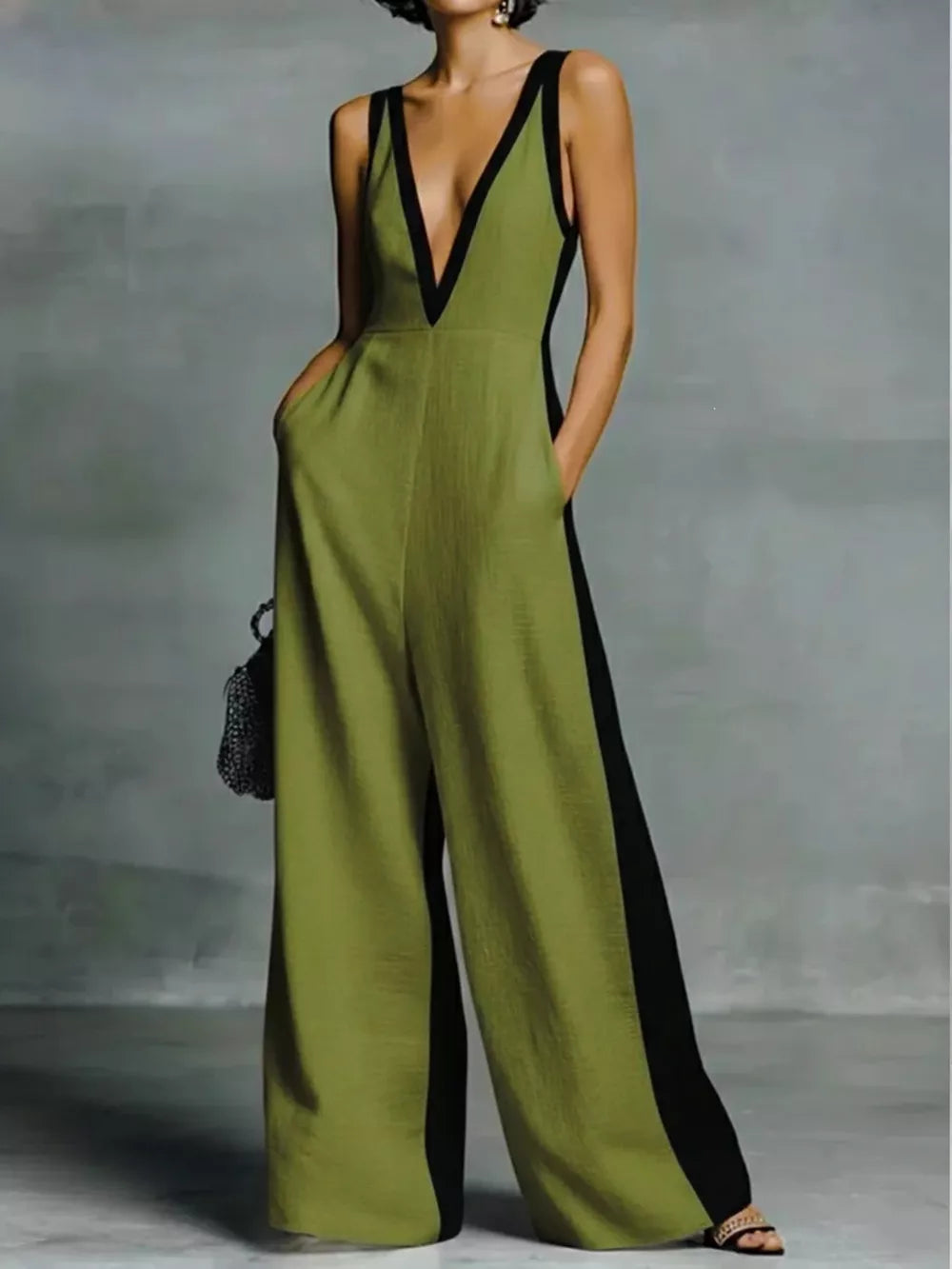 Deep V-neck Wide-leg Jumpsuit, product detail