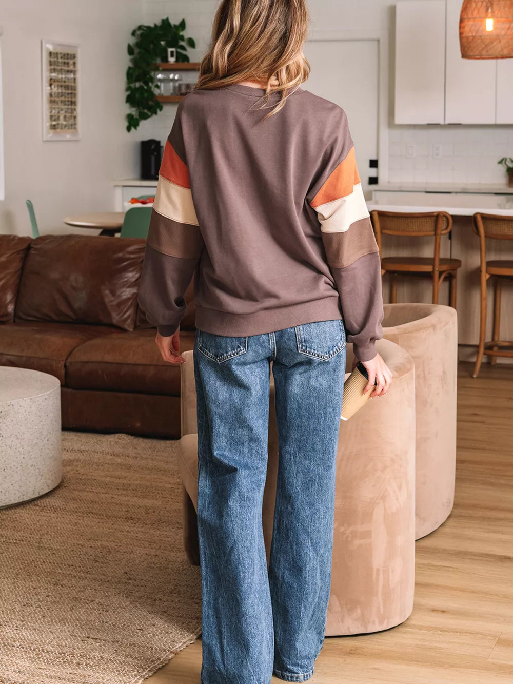 Color Block Drop Shoulder Pullover Sweatshirt in Coffee Brown, back view