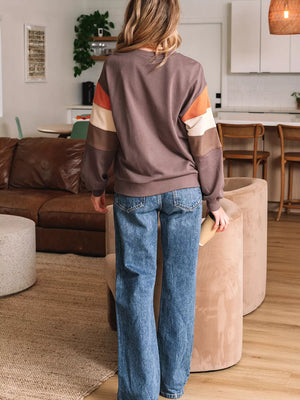 Color Block Drop Shoulder Pullover Sweatshirt in Coffee Brown, back view