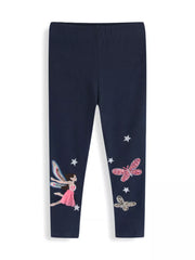 Navy cotton leggings with fairy and butterfly appliques and star details.
