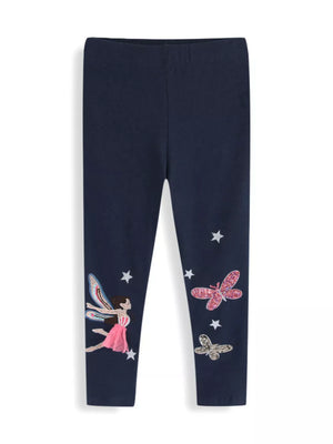 Navy cotton leggings with fairy and butterfly appliques and star details.