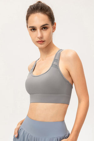 Light Gray mesh-inset performance sports bra with scoop neck and racerback straps.