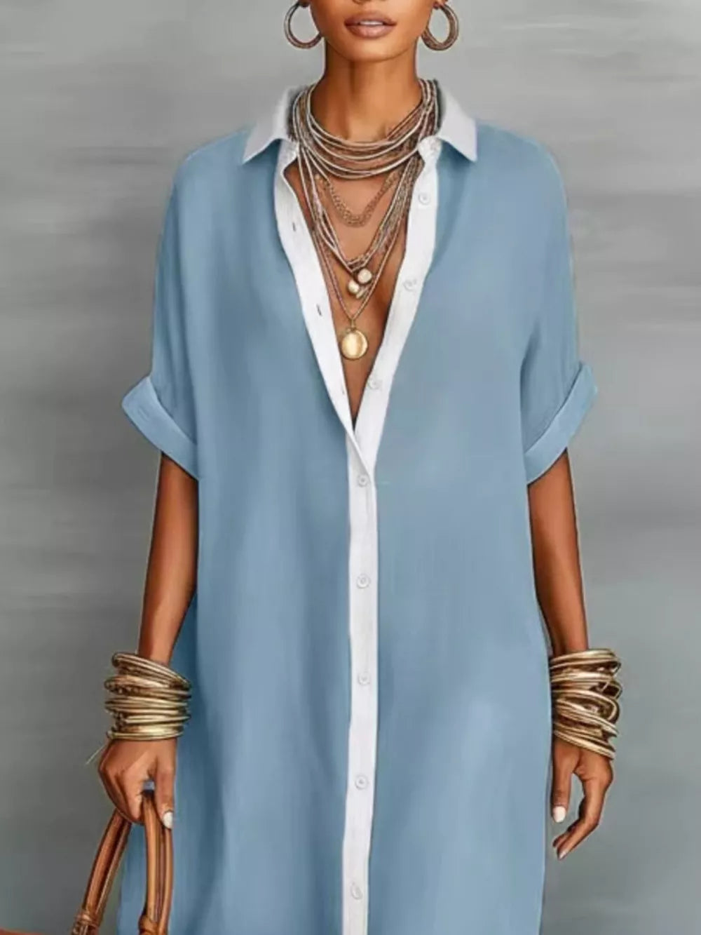 Short Sleeve Maxi Shirt Dress Plus Size in Khaki Color, model styling view