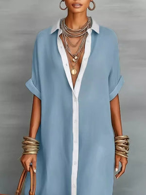 Short Sleeve Maxi Shirt Dress Plus Size in Khaki Color, model styling view