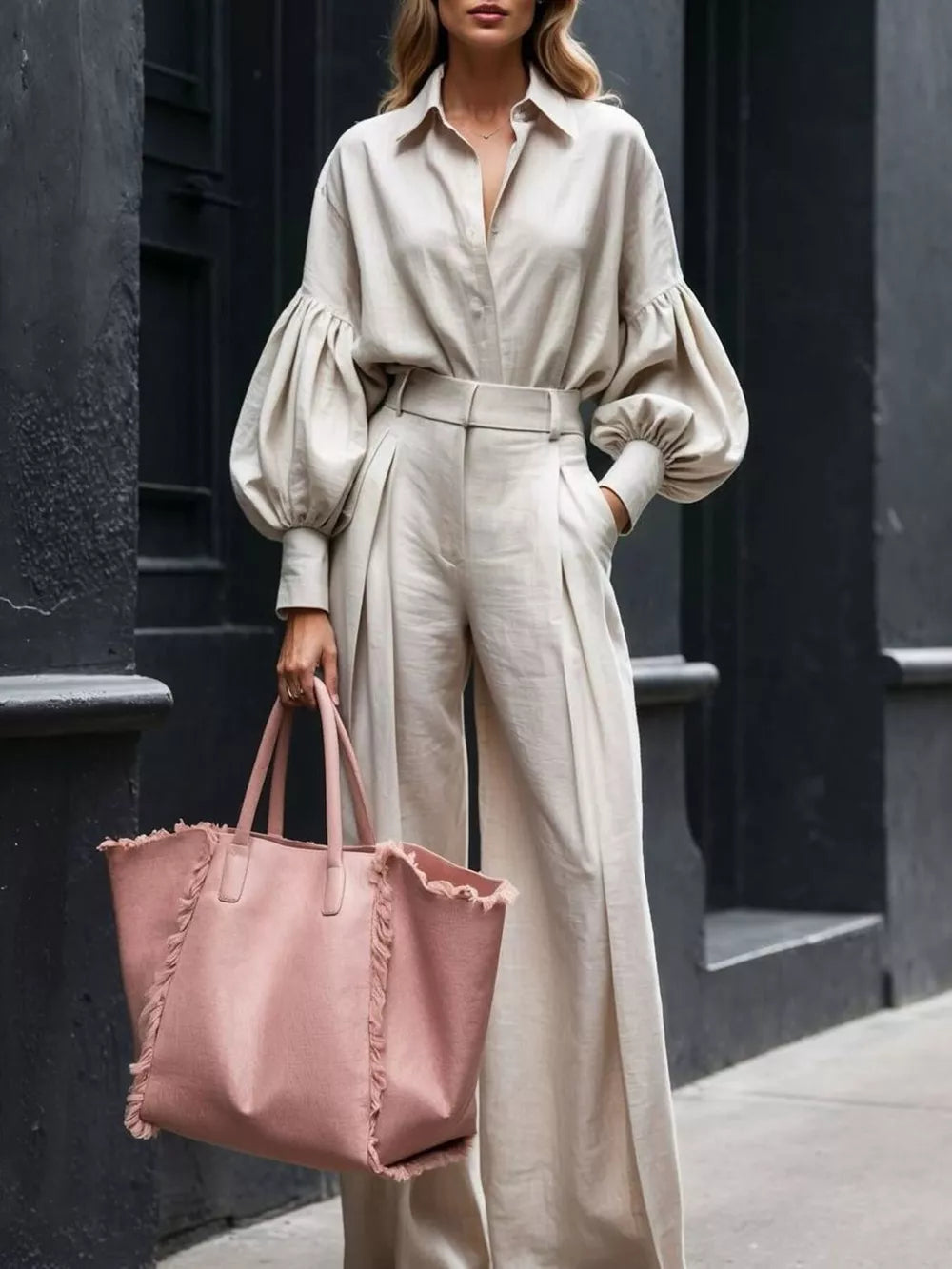 Khaki lantern sleeve button-up shirt and wide-leg pants set with pleated details.
