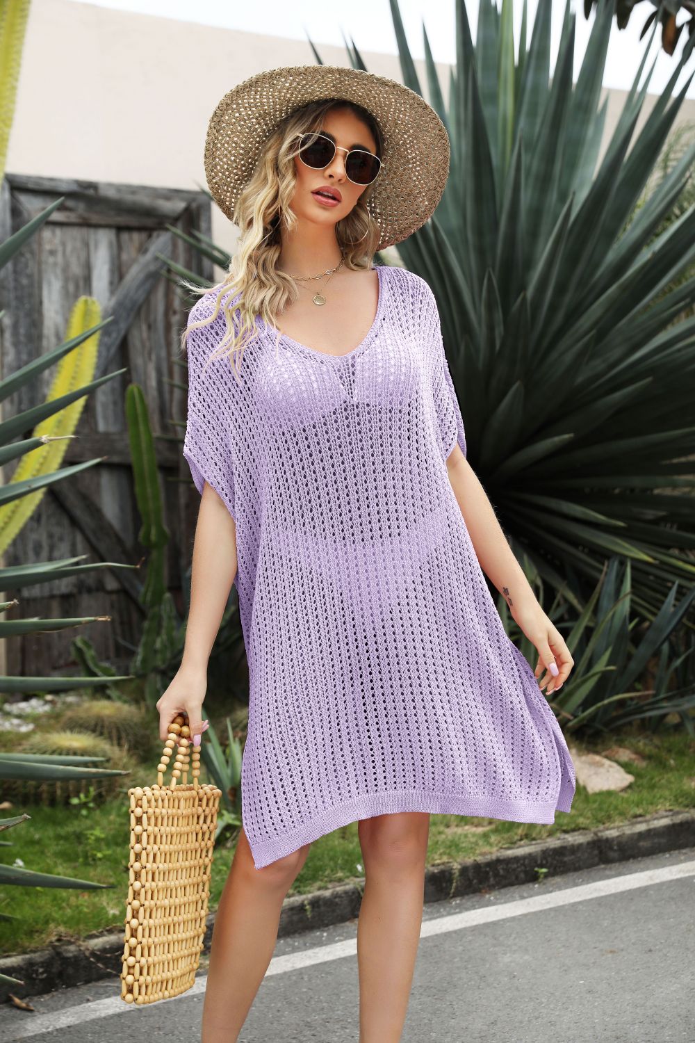 Lavender open-knit beach cover-up with V-neck and side slit, short sleeves.
