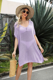 Lavender open-knit beach cover-up with V-neck and side slit, short sleeves.