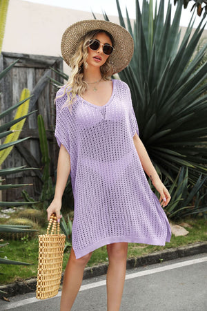 Lavender open-knit beach cover-up with V-neck and side slit, short sleeves.