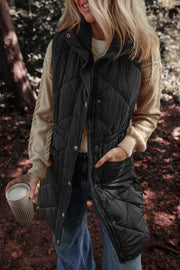 Black diamond quilted longline vest with cinched waist detail and snap front