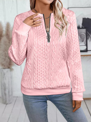 Chic Cable Texture Quarter-zip Sweatshirt in Blue, editorial view