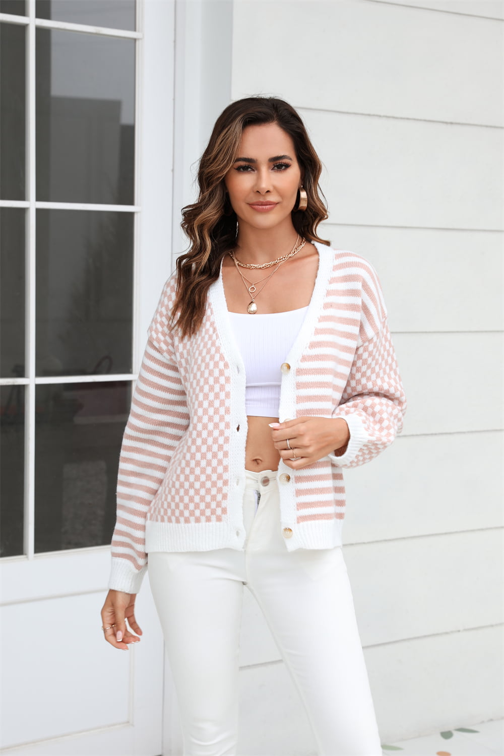 Checkerboard sleeve contrast cardigan in Dusty Pink with button front and V-neck.