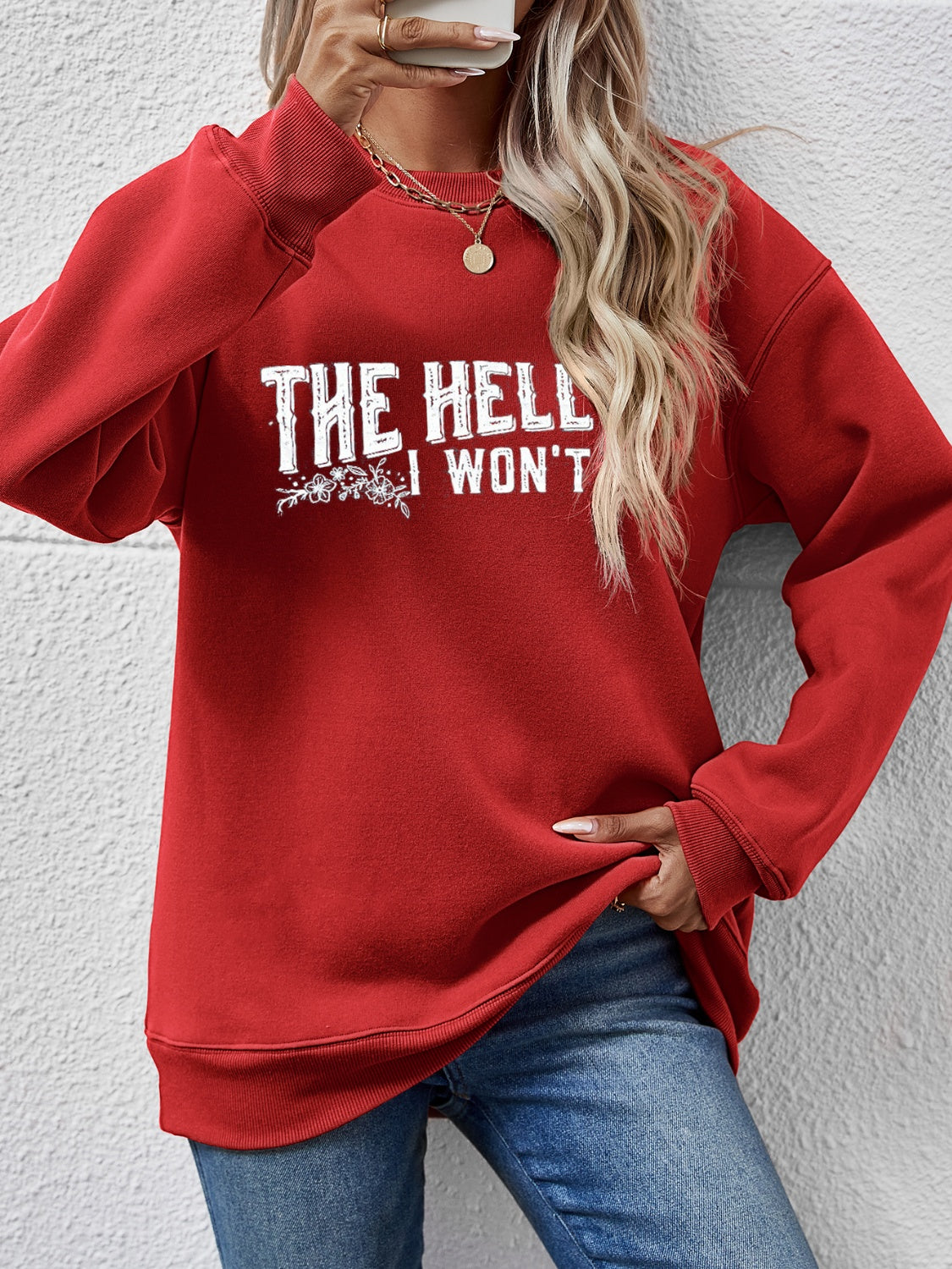 Deep Red graphic crewneck sweatshirt with white text and floral detail.