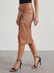 Tan faux leather midi skirt with knot detail and side slit