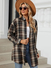 Oversized coffee brown plaid shacket with button front and collared neckline.