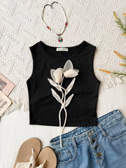 Black round neck tank top with floral applique detail