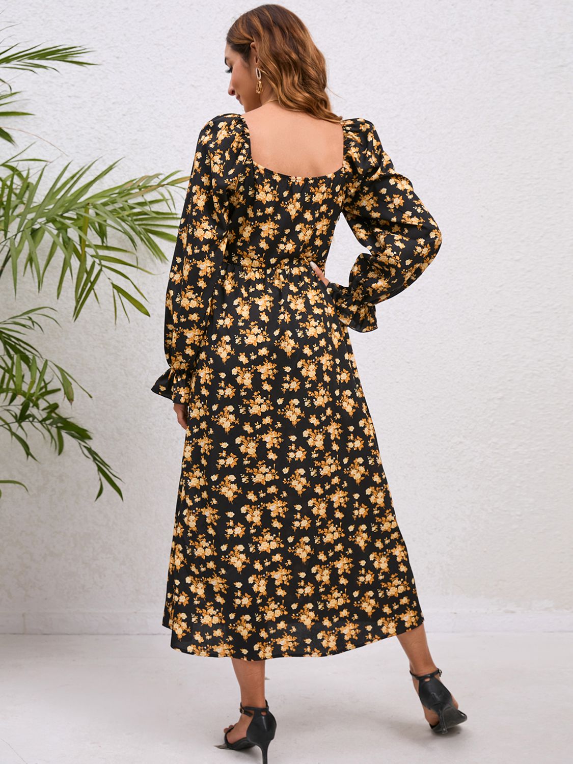 Black floral print midi dress with square neck and long puff sleeves