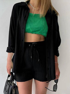 Black textured gauze shirt and drawstring shorts set