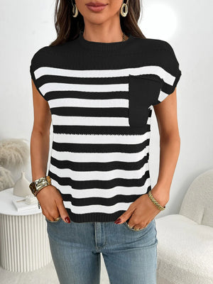 Black and white striped knit t-shirt with a mock neck and chest pocket.