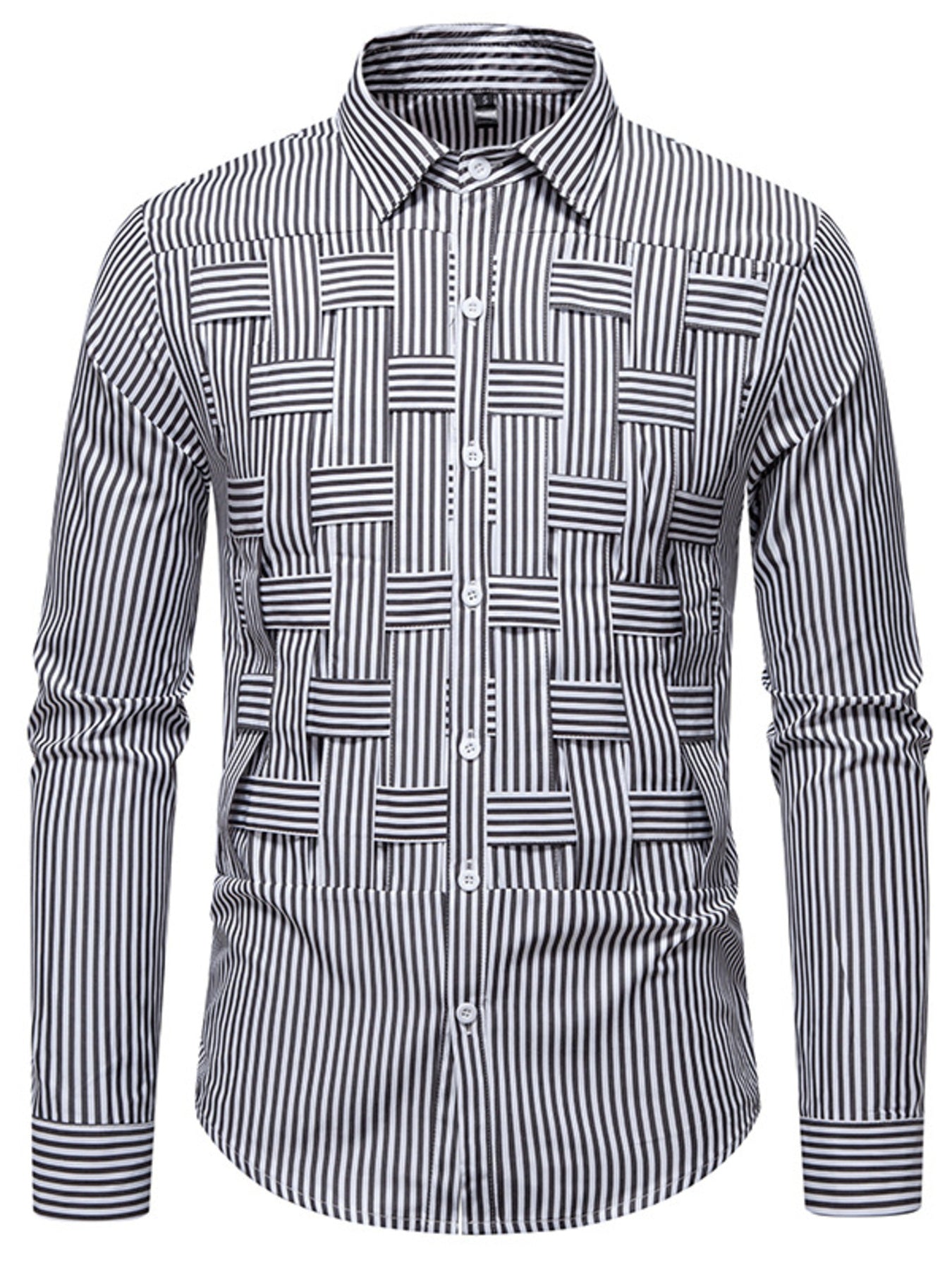 Classic woven stripe long sleeve button-down shirt in black with a unique woven stripe pattern detail.