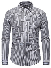 Classic woven stripe long sleeve button-down shirt in black with a unique woven stripe pattern detail.