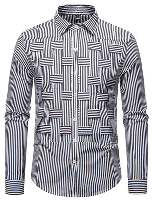 Classic woven stripe long sleeve button-down shirt in black with a unique woven stripe pattern detail.