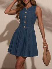 Denim A-line dress with decorative buttons, sleeveless, and a flared skirt.