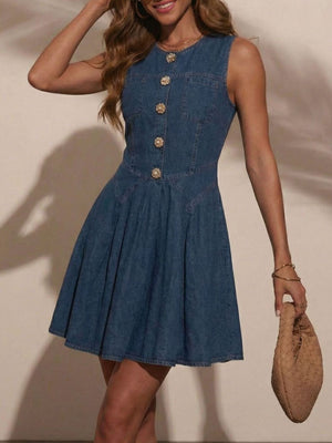 Denim A-line dress with decorative buttons, sleeveless, and a flared skirt.