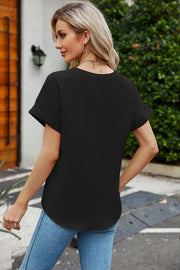 Black cuffed sleeve v-neck blouse with a relaxed fit.