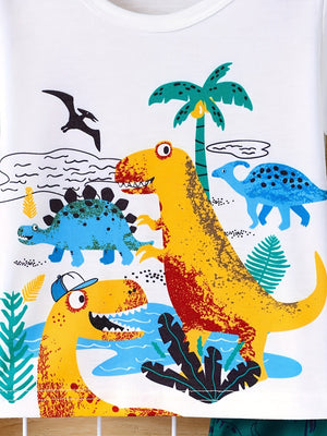 Baby tee with cartoon dinosaur adventure print, featuring palm trees and water.