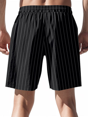 Black pinstripe chino shorts with drawstring waist and elastic waistband.