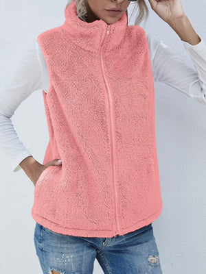 Watermelon pink teddy fleece stand-collar vest with zip front and pockets