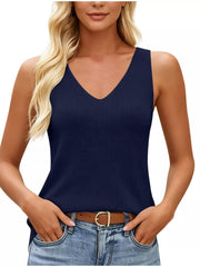 V-neck Ribbed Knit Tank Top in Navy, editorial view