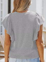 Gray ribbed t-shirt with ruffled short sleeves.