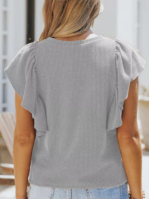 Gray ribbed t-shirt with ruffled short sleeves.