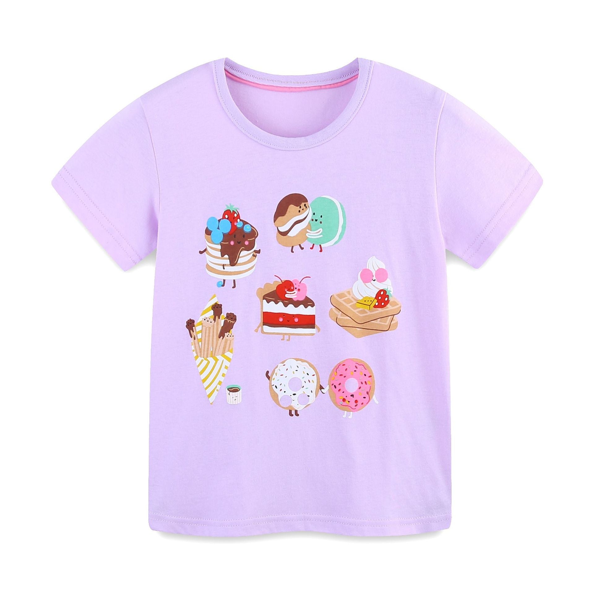Lavender cotton toddler t-shirt with playful cartoon dessert print.